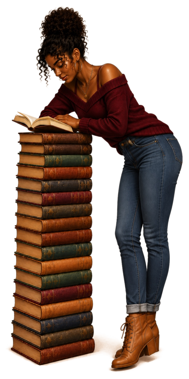 Paige Turner reading beside a tall stack of books